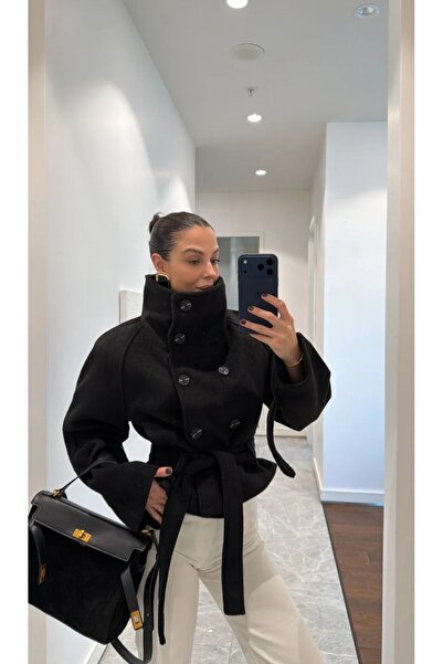 Lovely butik Double-Breasted Stand-Up Collar Short Coat with Belt