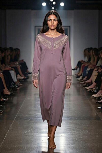 Aydoğan قميص نوم نسائي من الدانتيل باللون الأرجواني بأكمام طويلة 95% قطن B1-2...