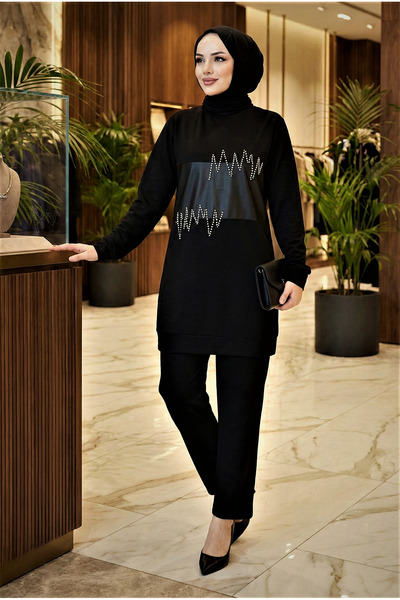 modamira Kadın Pamuk Viskon Siyah Tarz Davet Genç Anne Deri Ve İnci Detaylı İ...