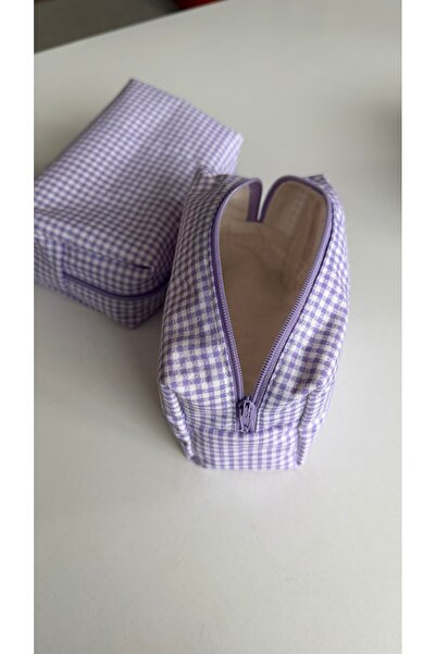 DAK Lila Renk Mor Pötikare Desenli Fermuarlı Astarlı Makyaj Çantası Organizer