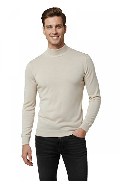 DeepSEA Beige Slim Fit Half Turtleneck Stretch Fabric Slim Knitwear Men's Hal...