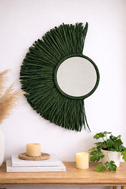 Bubihome Bohem Dekoratif Ayna Yeşil Rafya Ayna