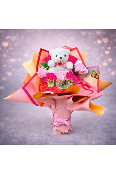 velve Buchet Love Pink , trandafiri din sapun, plante artificiale si ursulet,...