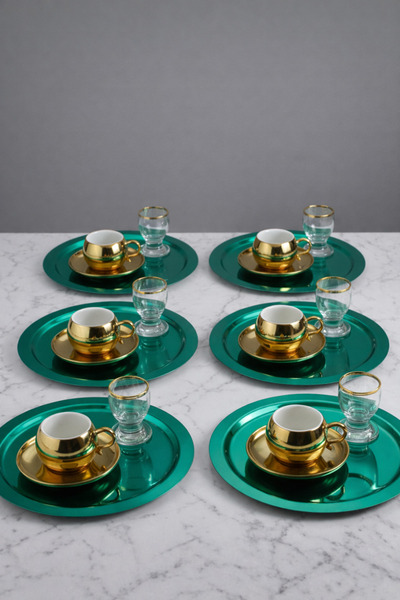 SİNİ Paslanmaz Çelik 6 Adet Yuvarlak Lüx Yeşil Kahve, Çay Sunum Servis Tepsisi