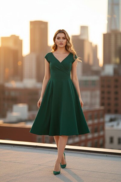 Mossta Rochie din crepon cu volan și fustă cu umăr dezactivat - verde