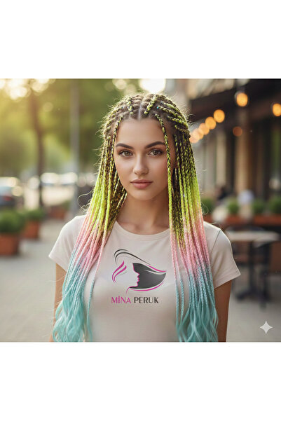 Mina Peruk Simli Neon Sarı / Şeker Pembe / Su Yeşili Ombreli Örgülük Saç 100 Gr.