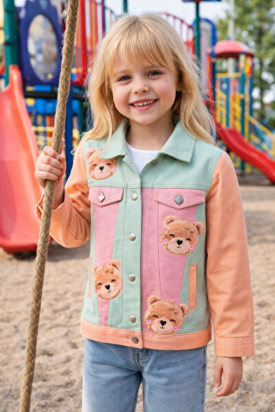 poupee Girls' Gabardine Jacket with Teddy Bear, Colorful Patchwork Design Coa...