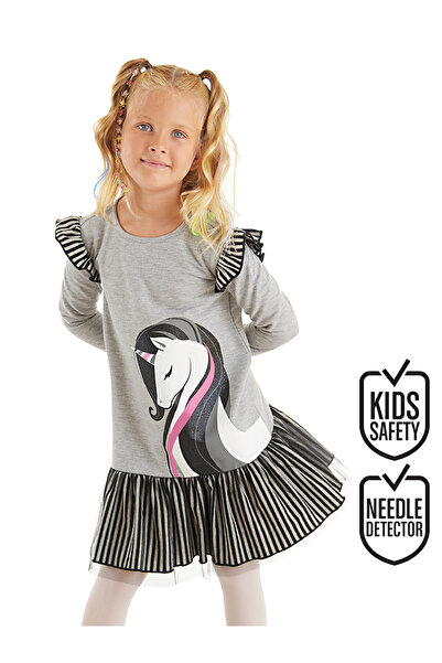 Denokids Κομψό μονόκερο γκρι κοριτσίστικο φόρεμα
