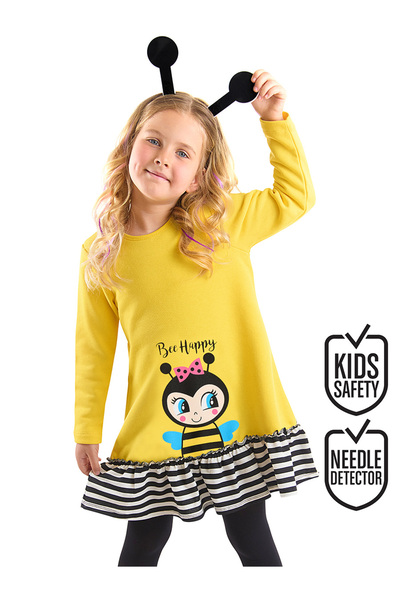 Denokids Жълта рокля с волани за момичета с дълъг ръкав Bee