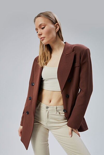 Bolivente Acı Kahve Oversize Kruvaze Yaka Astarlı Blazer Ceket