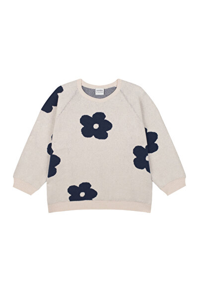Antebies White Navy Blue Floral Patterned Knitwear Girl's Sweater
