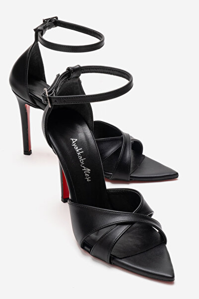 Ayakkabı Ateşi Pantofi cu toc cu design cu bandă în formă de T, piele neagră,...