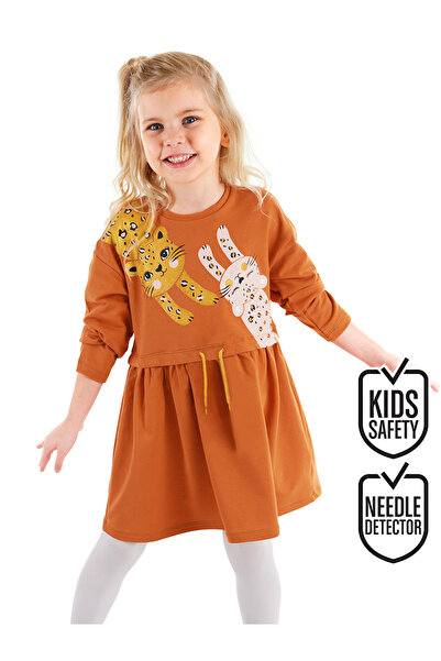 Denokids Long Sleeve Orange Leopard Girl's Dress - Elastic Waist