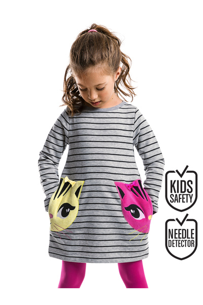 Denokids Сива рокля за момиче с дълъг ръкав и два джоба с котешки джоба, на р...
