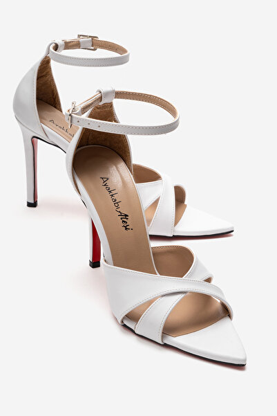 Ayakkabı Ateşi Pantofi cu toc cu design cu bandă în T, piele albă, pentru fem...