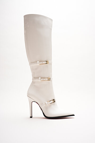 Ayakkabı Ateşi Дамски бели кожени ботуши с остри върхове, 3 катарами и тънки ...