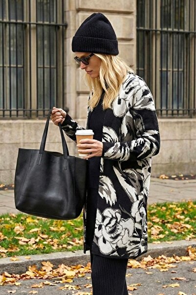 lamea Women's Floral Patterned Tok Textured, Soft Long Knit Cardigan