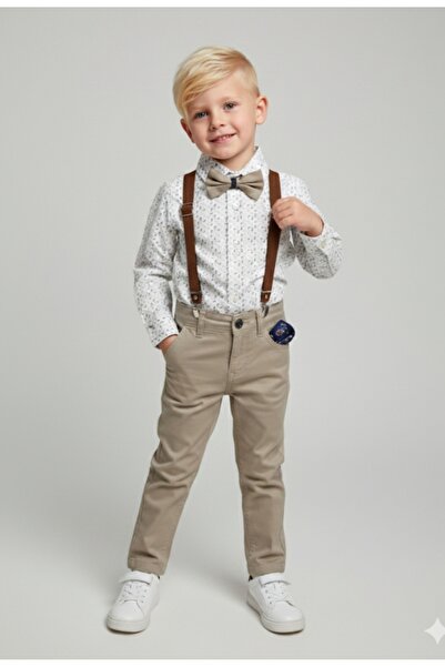 RİNDO Boy's Patterned Folded Sleeve Shirt Linen Trousers+Pants Strap Sports Suit
