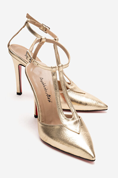 Ayakkabı Ateşi Kadın Altın Sivri Burun T-bantlı Tasarım Topuklu Ayakkabı - St...