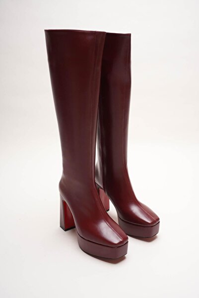Ayakkabı Ateşi Bordo Cilt Platform Tasarım Kadın Çizme Orta Topuklu Ayakkabı ...