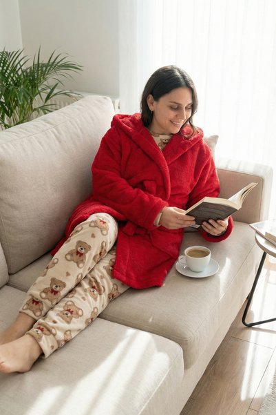 Sevim cu glugă Halat de casă și halat de baie din pluș Wellsoft - Moale, din fleece, unisex - Roșu