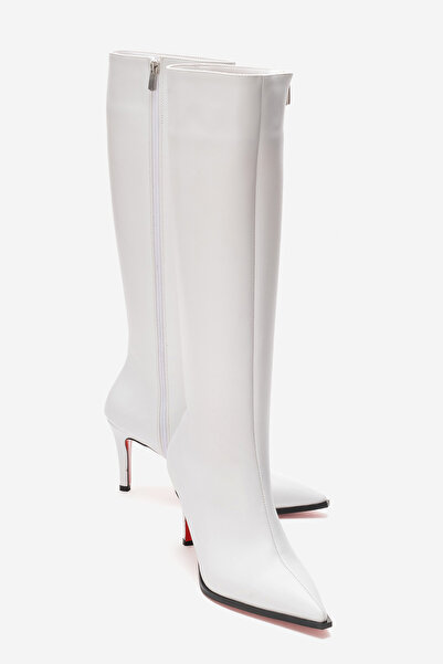 Ayakkabı Ateşi Women's White Leather Pointed Toe Short Heeled Below-The-Knee ...