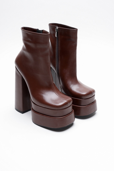 Ayakkabı Ateşi Кафени кожени дамски обувки с двойна платформа и специален диз...