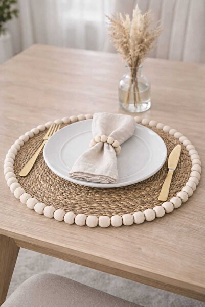 ecrella Ahşap Boncuklu Jüt Supla & Peçete Halkası Seti – 2 Lİ SET – Doğal Has...