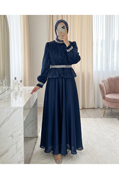 Modamorfo Beli Volan Detailed Stoned Janjan Satin Evening Dress -Laci