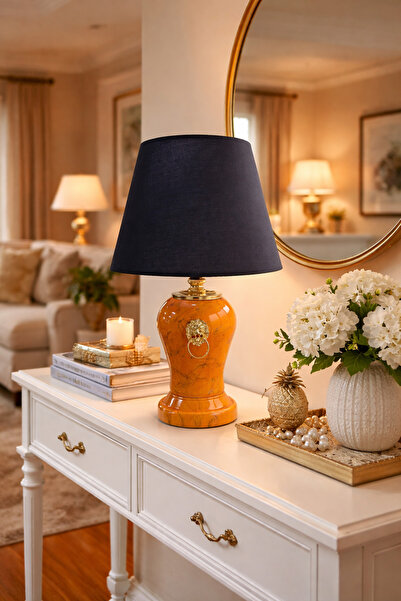 ferayhome Abajur Aydınlatma Şah Aslanlı Soft Sarı Gold Mermer Siyah Şapka Gol...