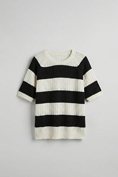 ablukaonline Men's Oversize Striped Patterned Knitted Knitwear T-Shirt Black