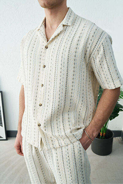 İLKCET MODA Cămașă bărbătească tricotată din in ecru cu model