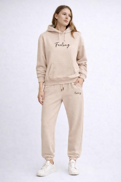MARKATEM 3iplik Bumbac spate cu imprimeu HOODIE supradimensionat Hanorac Pantalon de sport Set Loveyourself cu imprimeu