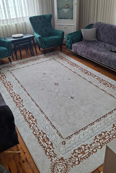 VOPTEKS Beyaz Gold Halı Salon Halısı Makinede Yıkanabilir Halı Kaymaz Taban Halı