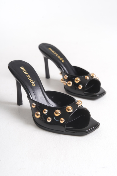 MARSEDO Emelia Γυναικείες παντόφλες με τροπικό τακούνι, μαύρο λουστρίνι