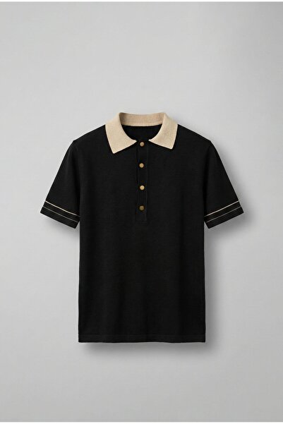 ablukaonline Мъжка тениска с контрастна поло яка, премиум клас, черна