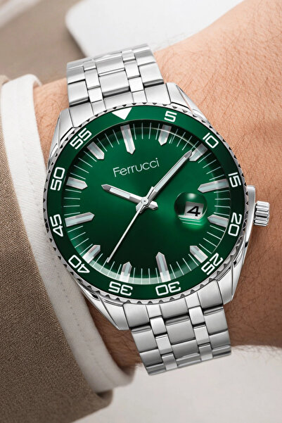 Ferrucci Takvimli Erkek Kol Saati Çelik Kordon Çelik Kasa Gümüş-Yeşil ZMFER161