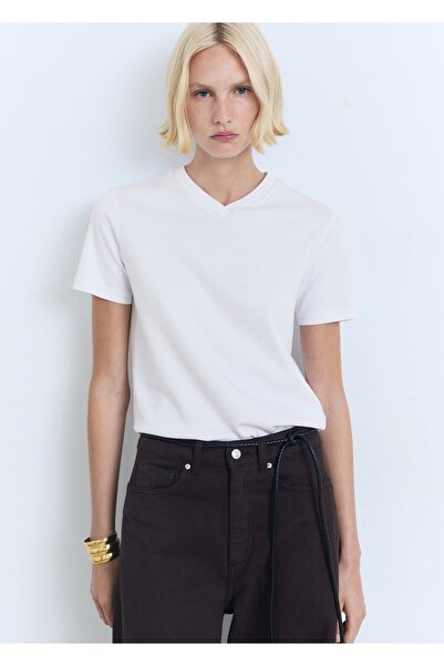 MANGO Woman V yakalı pamuklu tişört