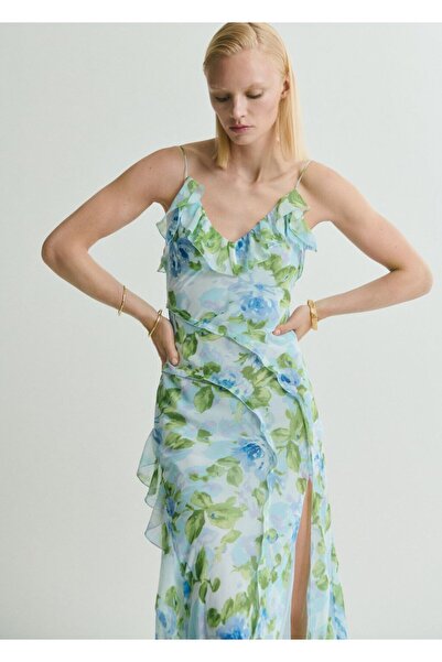 MANGO Woman Çiçek desenli fırfırlı elbise