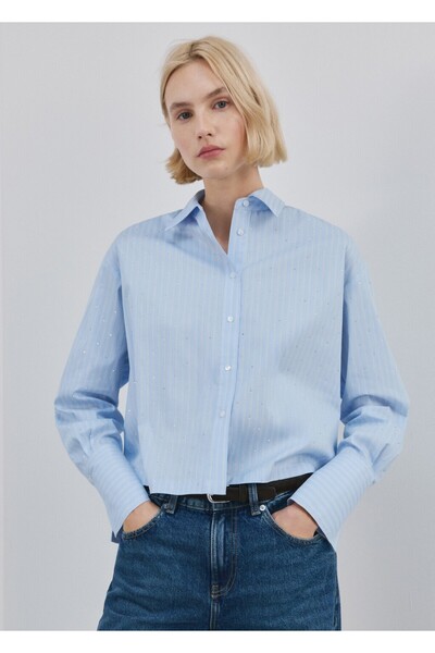 MANGO Woman Strass detaylı çizgili crop gömlek