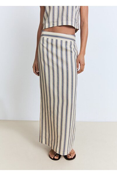 MANGO Woman Çizgili keten etek