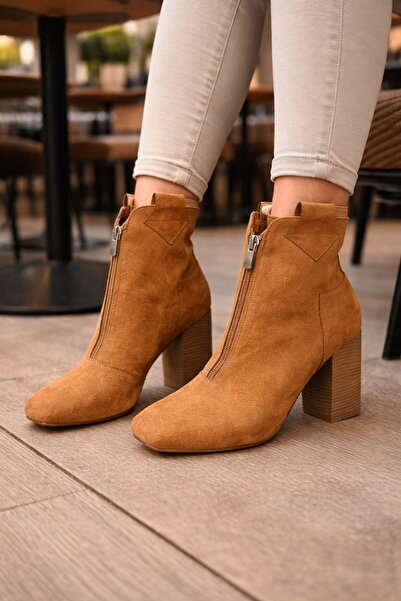 Daloğlu Tan suede front zipper women's heeled boots
