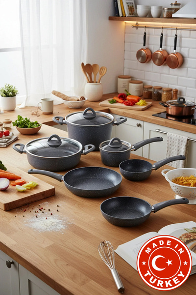 Bernardo طقم أواني طهي من الجرانيت الرمادي من ميلكور مكون من 9 قطع (صنع في تر...