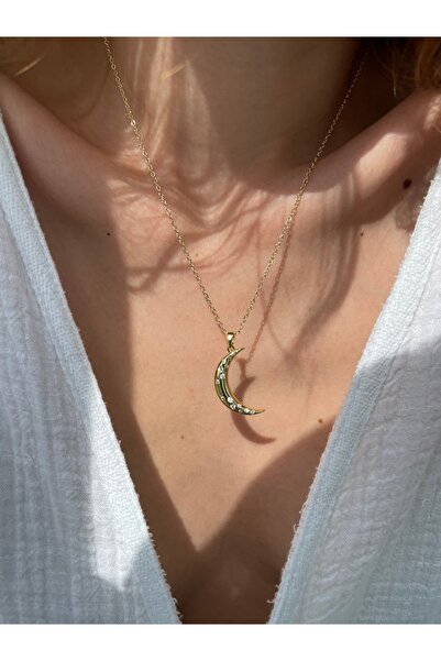 Hora Lunatum Zirkon Kristal İşlemeli Gold Çelik Kolye