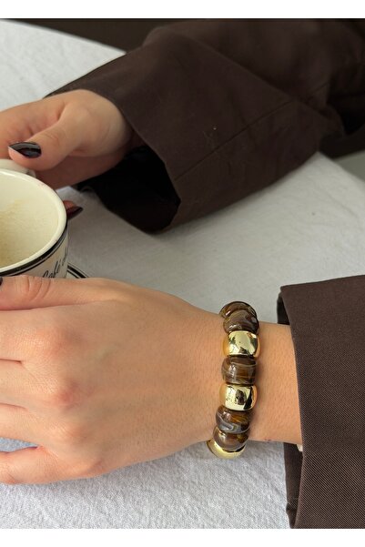 KİLİGİSTANBUL KAHVE, GOLD DETAYLI LASTİKLİ BİLEKLİK