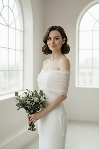 ENDAMIM İnci Detaylı Straplez Nikah Elbisesi Omzu Açık, Slim Kalıp, Beyaz Abiye