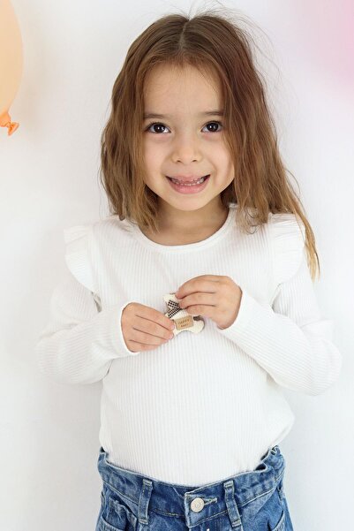 Breeze 2-6 Years Girl's White Long Sleeve T-Shirt - Happy Teddy Bear, Ruffled...
