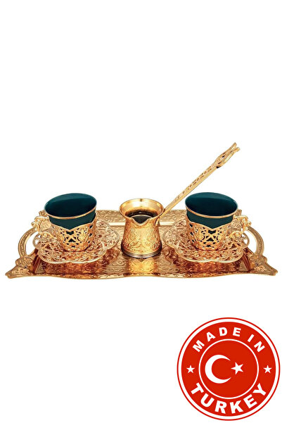 FARİKA طقم تقديم قهوة دورو الخضراء لشخصين مع إبريق وصينية (ذهبي) (صنع في تركيا)