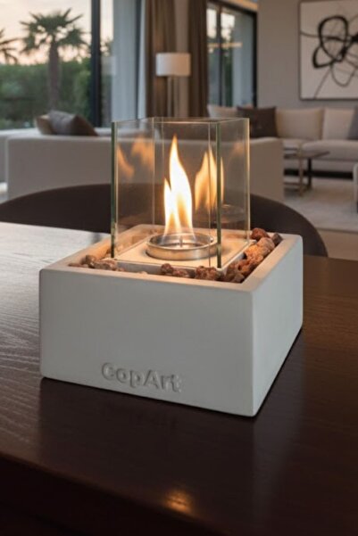 CopArt Quadrata Biyoetanol Masaüstü Beton Şömine - 1 Lt Yakıt Ve Dekoratif Ta...