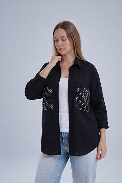DEZZİİ Siyah Çift Cepli Taşlı Oversize Poplin Gömlek